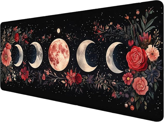 Moon Phase Desk Mat Gaming Mouse Pad - Watercolor Flowers Leaves Large Extended Mousepad for Laptop Keyboard - Office Computer Home Gaming Desk Pad 31.5"x11.8"