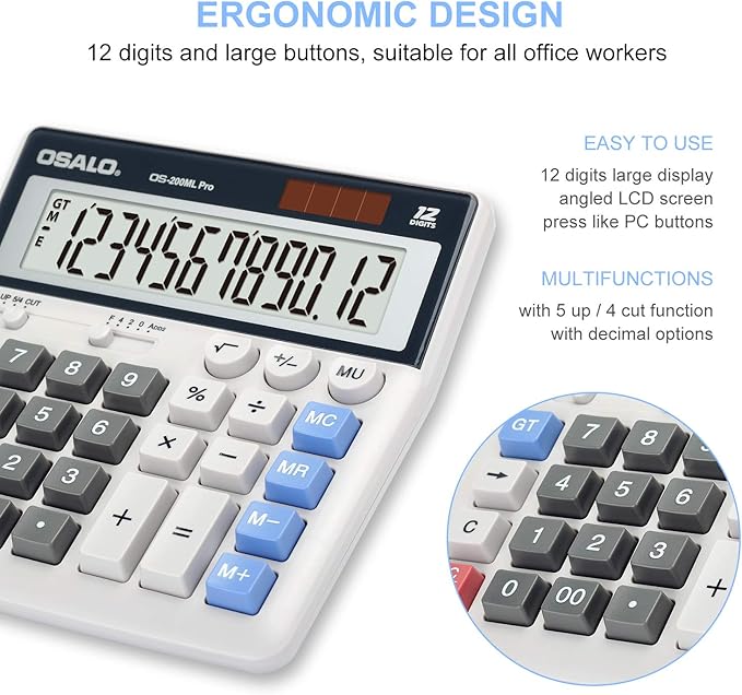 OSALO Desktop Calculator Extra Large Display 12 Digits Big Buttons Solar Accounting Calculator for Office (OS-200ML)