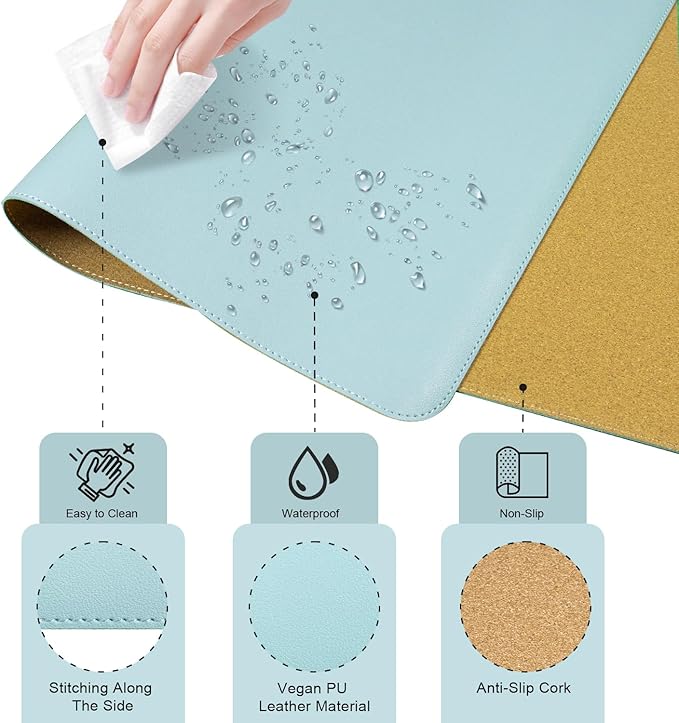 Large Desk Pad 35.4" x 17", Non-Slip Desk Mat with PU Leather & Natural Cork, Waterproof Writing Desk Natural Cork, Computer Mat Desk Protector for Office Home, Light Blue