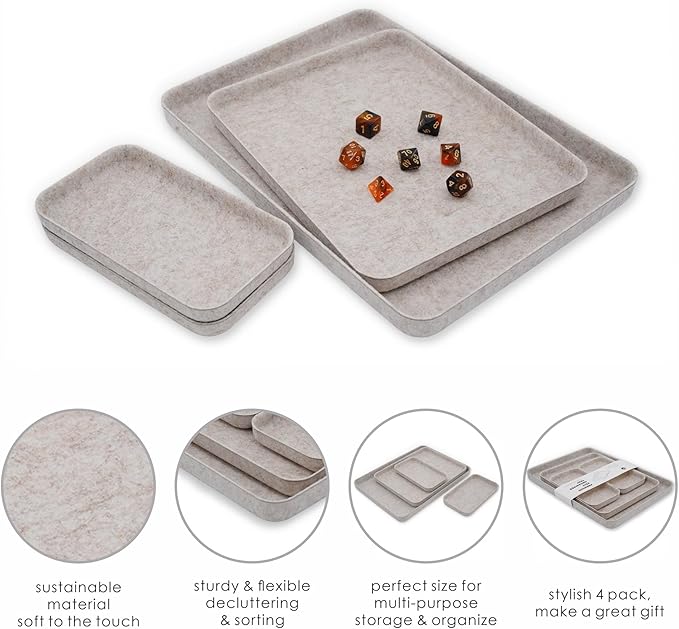 Welaxy EDC Catchall Desk Organizer felt DND Dice Rolling Tray stylish nightstand Entryway Bedside Caddy for Keys Phone Wallet Watch Glasses Pens Office Minimalist 4-piece (Oatmeal)