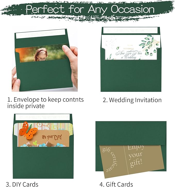 50 Pack 5x7 Envelopes for Invitations,5.25x7.25 inches,A7 Envelope Green Self Seal,Printable Envelopes for Wedding,Invitation,Baby Shower,5x7 Cards