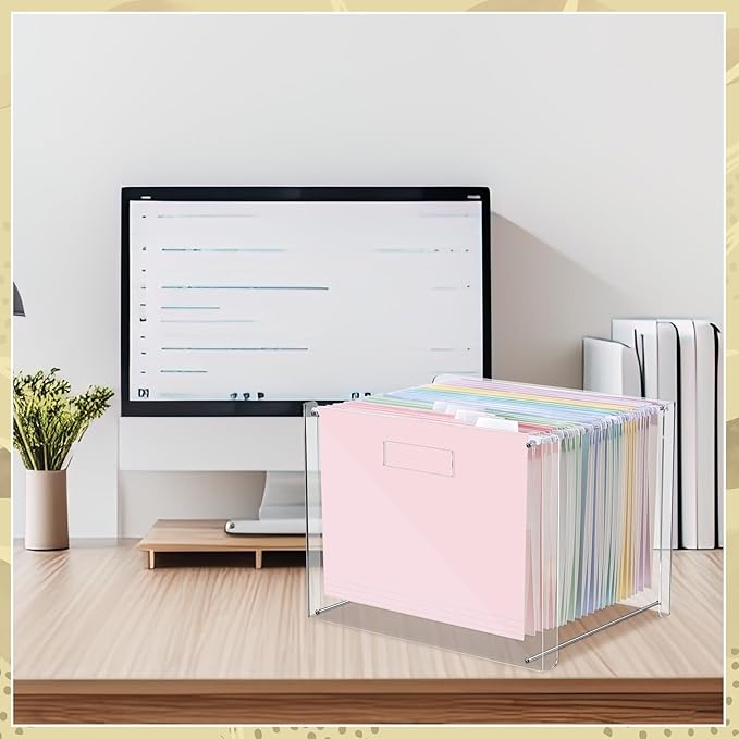 24 Hanging File Folder with Acrylic Organizer for Letter/a4 Size Desktop Clear File Storage Box with Handles for Home Work Office Use(Macaroon,Classic)