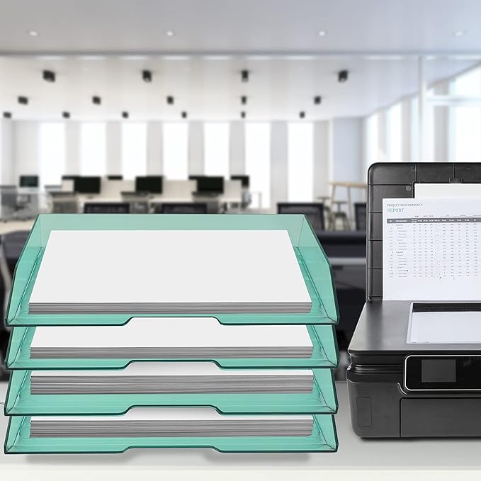 Acrimet Stackable Letter Tray 4 Tier Side Load, Plastic, Desktop File Organizer (Clear Green Color)