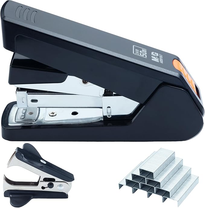 M&G Effortless Stapler 50 Sheet Capacity One-Touch Stapling, Heavy Duty Desktop Stapler Includes 1000 Staples and Remover, Portable Handheld Staplers for Home & Office (Black)