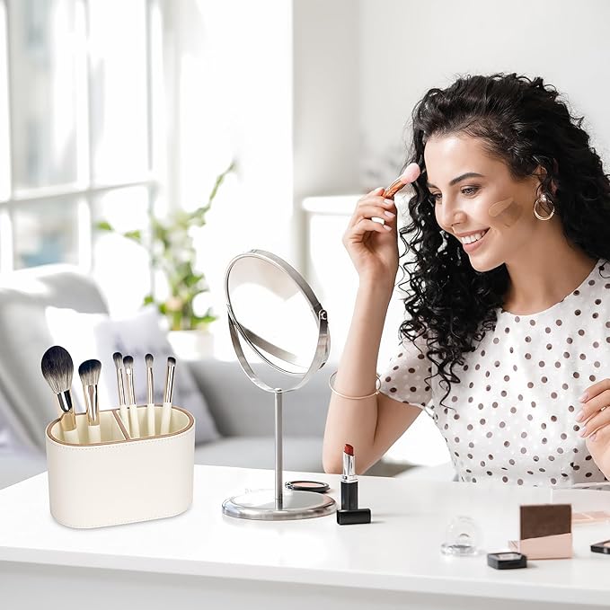 PU Leather Pen Holder, 2-Compartment Pencil Cups, Multifunctional Desk Organizer Desktop Office School Supplies Caddy for Home and Workplace Accessories, Beige