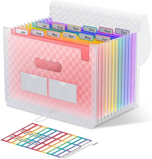 ThinkTex Accordion File Organizer, 12 - Pocket Expanding File Folders for Paper Receipts, Bills&Taxes Organizer, Letter/A4 Size Document Holder for School, Office, Home with Colorful tabs- Pink