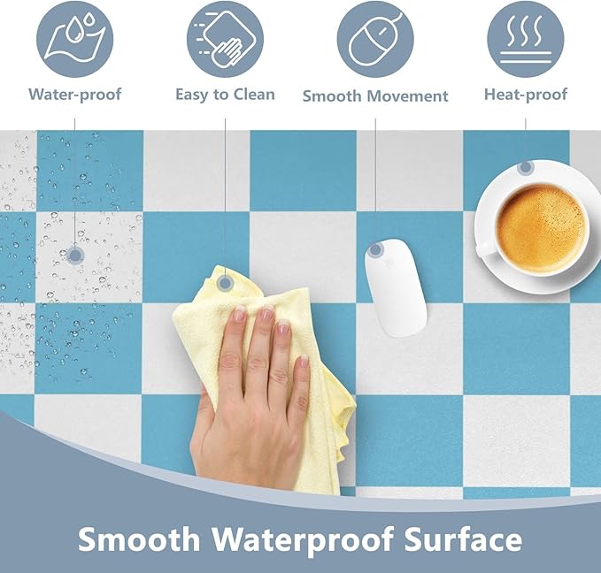 Mouse Pad Desk Mat Leather Desk Pad Large Gaming Desk Cover Protector Mat for Keyboard Computer Laptop Office Waterproof 47.2 x 23.6 Inch Checkered Blue and White