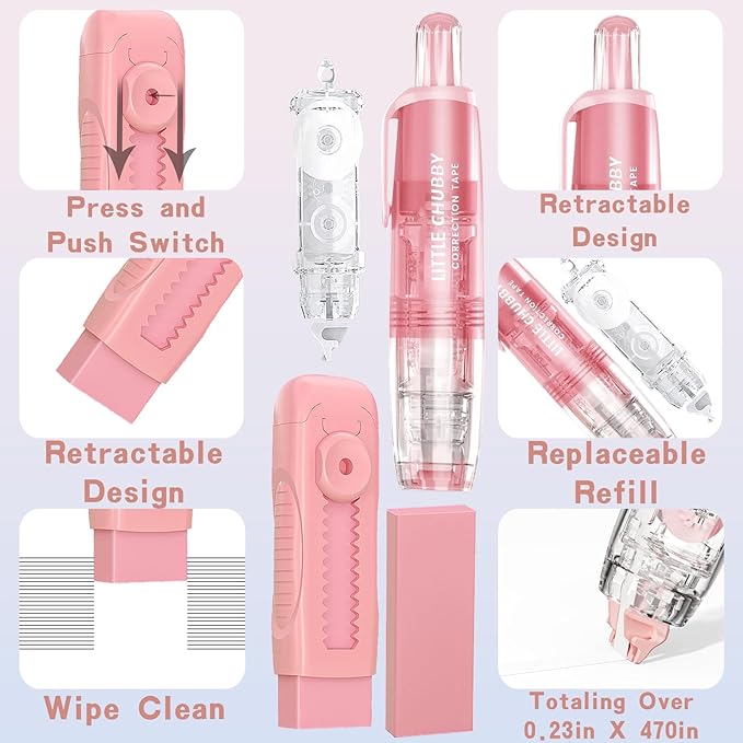 11 Pcs Cute Stationery Set Kawaii Office School Supplies Including Gel Pens Erasable Pens 6-in-1 Multicolor Ballpoint Pens Highlighters Mechanical Pencil Erasers Correction Tape Utility Knife (Pink)