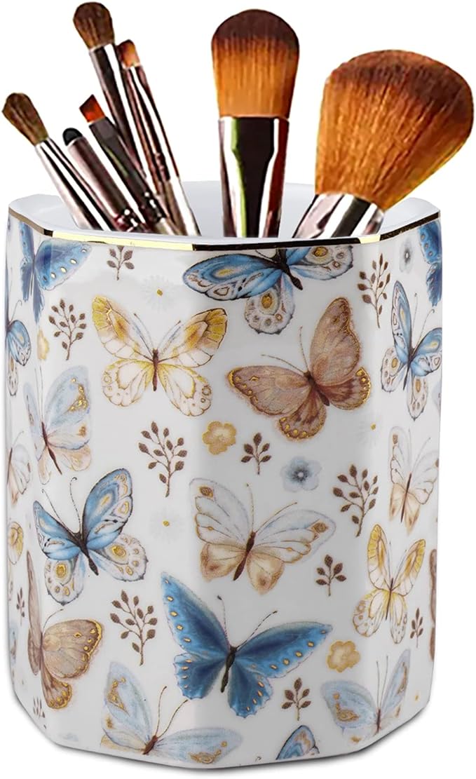 Jwest Pen Holder, Ceramic Shiny Gold Graphic Butterfly Pattern Pencil Cup for Girls Kids Women Durable Stand Desk Organizer Makeup Brush Holder Gift for Office, Classroom, Home Butterfly