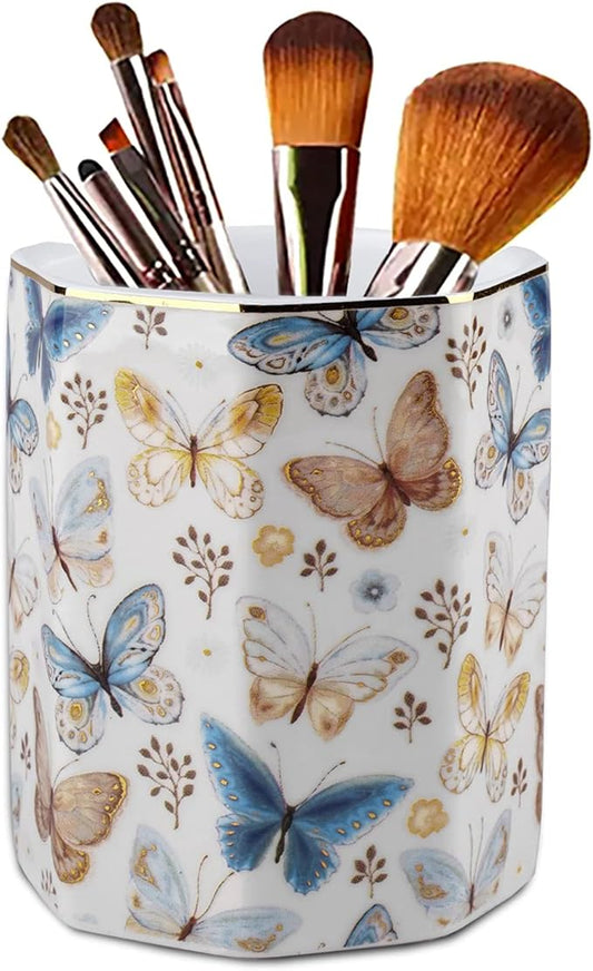 Jwest Pen Holder, Ceramic Shiny Gold Graphic Butterfly Pattern Pencil Cup for Girls Kids Women Durable Stand Desk Organizer Makeup Brush Holder Gift for Office, Classroom, Home Butterfly