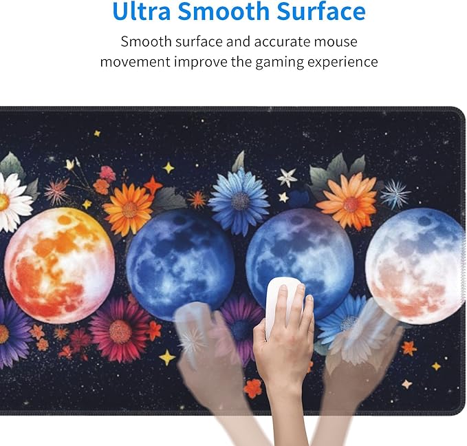 Colorful Moon Phases Large Mouse Pad, Watercolor Flowers Gaming Desk Mat, XL Keyboard Desk Pad Mat for Desktop, 31.5"x11.8" Non-Slip Base Big Mousepad with Stitched Edges