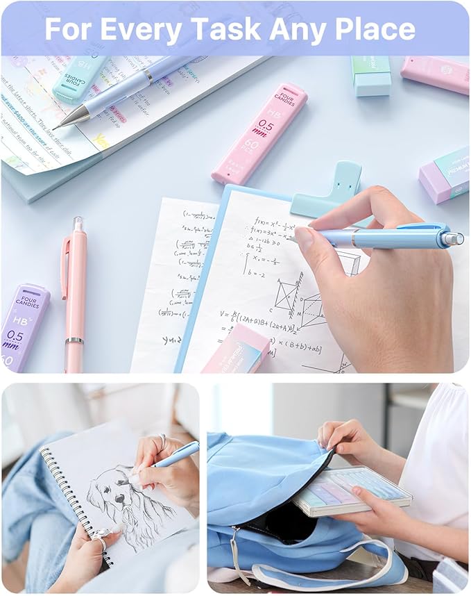 Four Candies 0.5 mm Mechanical Pencil Set - 6PCS Cute Pencils with 360PCS HB & 2B Lead Refills, 3PCS Pastel Erasers and 9PCS Eraser Refills, Aesthetic School Supplies for Writing Drawing Drafting