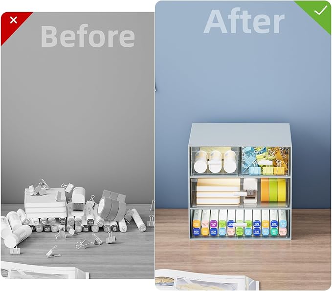 Marbrasse Desk Organizer with 4 Drawers，Office Organization, Clear Plastic Desk Organizers and Storage, Desktop Organizer for Office School Home (Blue-4 Drawers)