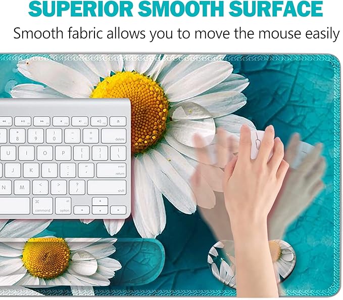 ARTSO Large Gaming Mouse Pad Set, Keyboard Wrist Rest Support + Mouse Wrist Cushion + Extended Mousepad + Coaster, 35x15.5in Multifunctional Desk Mat 4pcs, Cute Daisy
