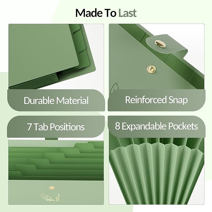 Sooez Aesthetic 8 Pocket Accordion File Organizer, Pastels Expanding File Folder for Important Document with Labels, Portable Receipt Bill Organizer for Office School Supplies, Letter Size Olive Green