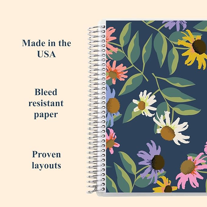 Erin Condren 7” x 9” Dot Grid Spiral Notebook, 5mm Dotted Layout with 80 Lb. Paper, Daisy Blooms Cover, 160 Dot Grid Notebook Pages, Platinum Coil, Stickers Included