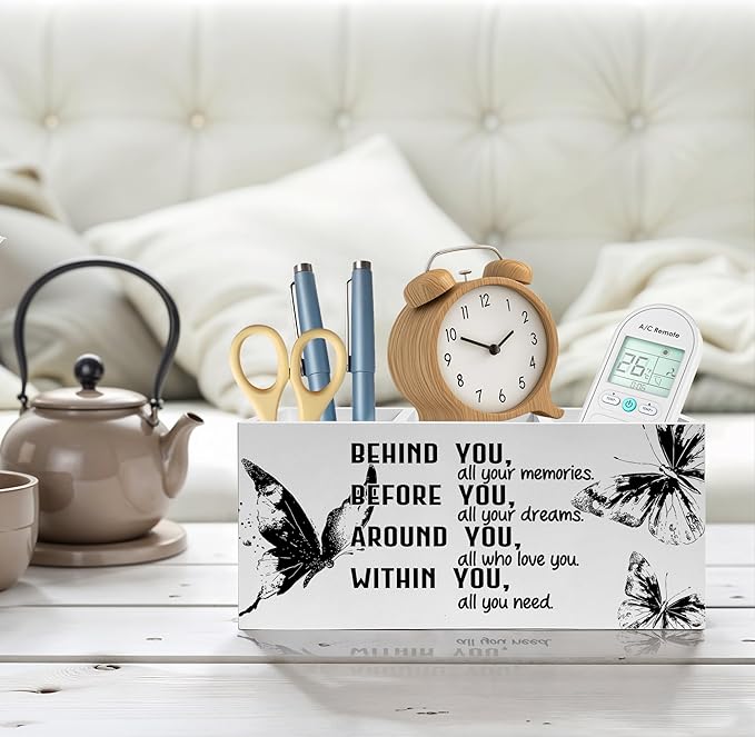 Retro Butterfly Graduation Pencil Pen Holder for Desk, Behind You All Your Memories Wooden Pencil Holder Organizer for Home Office Desk Accessories, Graduation Gifts for Her