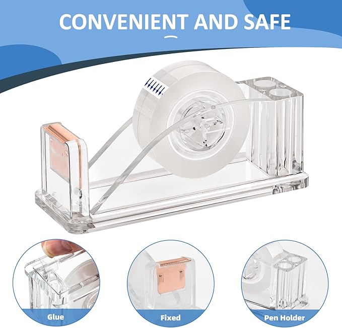 2 Pcs Transparent Acrylic Tape Dispenser, Non-Skid Tape Cutter Holder, Clear Tape Dispensers Bulk for Desk, Office, Home, School