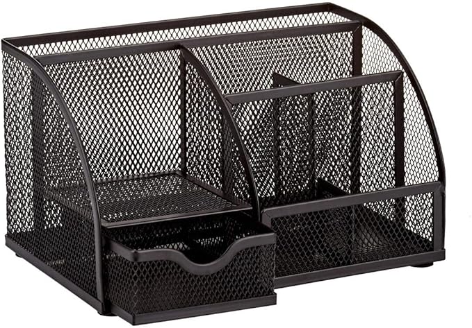 Annova Mesh Desk Organizer Office with 7 Compartments + Drawer/Desk Tidy Candy/Pen Holder/Multifunctional Organizer (Black)