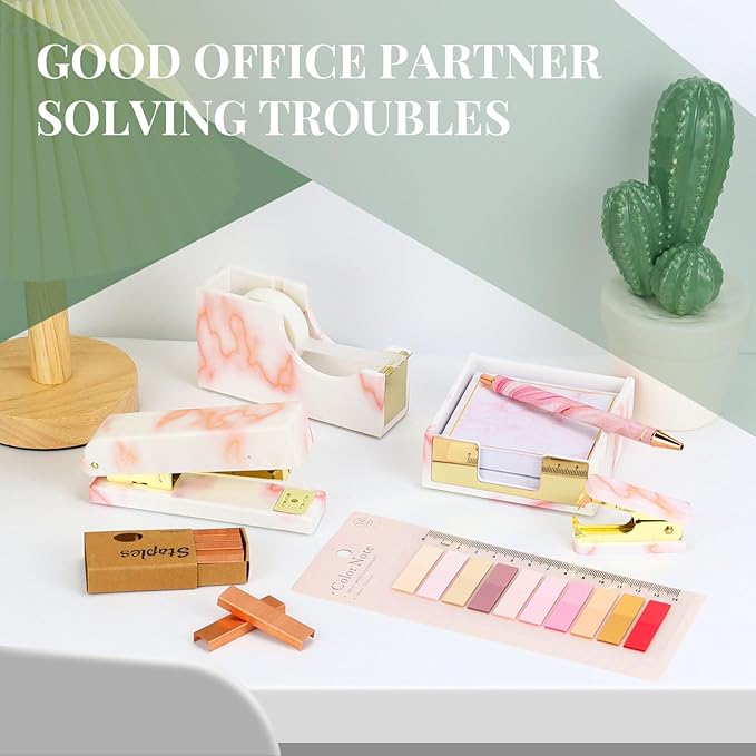 Pink Marble Desk Accessories Organizer Set of Stapler, Staple Remover, Tape Dispenser, Memo Pad Holder, Scissor, Ballpoint Pen, Binder Clips, Sticky Notes Office Supplies (Pink Marble)