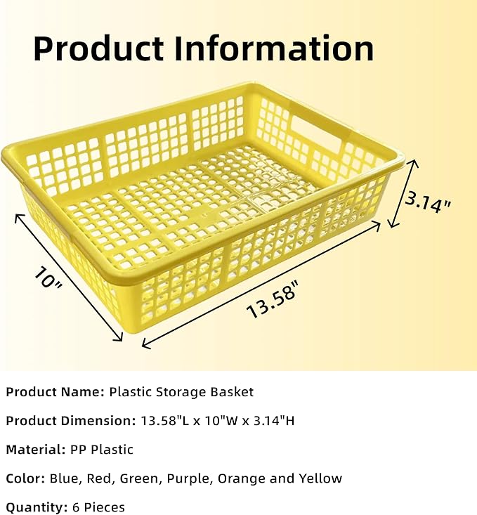 6 Pack Plastic Turn in Paper Trays for Classroom, Colorful Storage Bin Basket Organizers for School Supplies, Classroom Organization and Storage Tray Holds 4A Paper