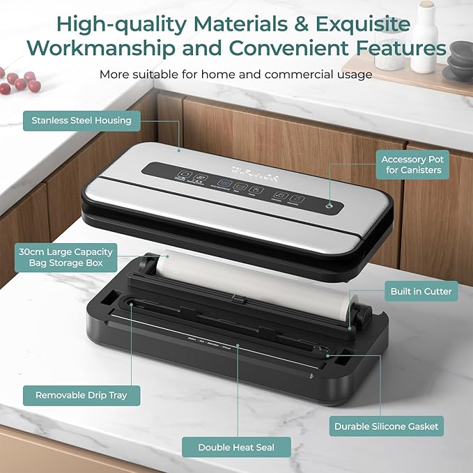 Vacuum Sealer, 90Kpa Food Vacuum Sealer Machine Built-in Cutter & Bag Storage, Food Preservation Dry/Moist/Liquid Mode, Handle Locked Design