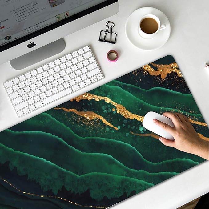 Extended Gaming Mouse Pad (31.5 X 11.8 in), Large Non-Slip Rubber Base Mousepad,Keyboard Mouse Mat Desk Pad for Work, Game, Office, Home - Black Green Gold Marble, MOU-06