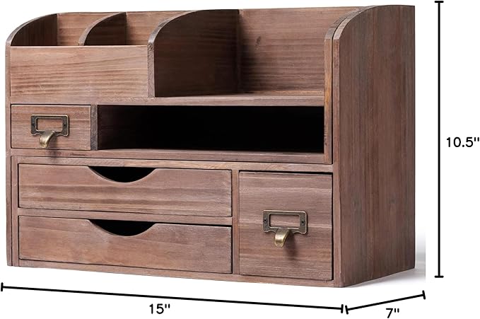 Executive Office Solutions Adjustable Wooden Desk Organizer For Desktop, Tabletop, Office or Counter – Wood Storage Shelf Rack For Office Supplies, Desk Accessories, or Mail – Brown