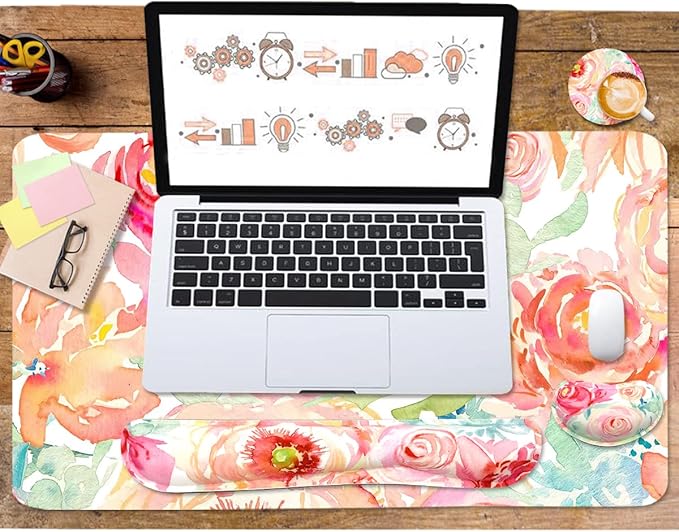 Large Mouse Pad Set, Cute Extended Mouse Pad+Keyboard Wrist Rest Support Desk Pad Memory Foam Ergonomic Easy Typing, 35.4×15.7 in Desk Mat Set for Home Office Study Game - Flowers