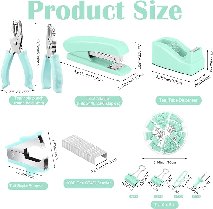 13 in 1 Green Office Supplies, Teal Desk Accessories Teal Office Supplies and Tape Dispenser, Hole Punch, Staple Remover, Stapler, 1000 Staple, Clip, Ruler, Scissor, Tab, Tape, Pen