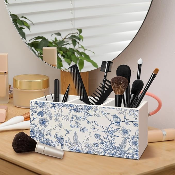 Chinoiserie Floarl Pen Holder for Home Office Desk, Vintage Home Decor, Chinoiserie Blue and White Floral Birds Makeup Brush Toothbrush Holder Organizer for Bathroom Desk Accessories