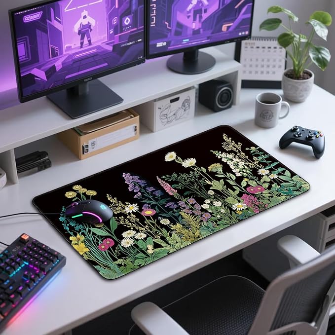 Wildflower Black Large Gaming Mouse Pad 31.5"x15.7"｜ XXL Desk Mat, Non-Slip Rubber Base & Stitched Edges - Extended Waterproof Mousepad for PC/Laptop/Office/Home Decor
