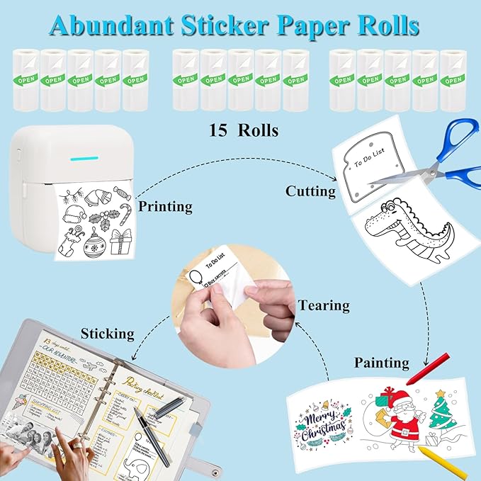 15 Rolls Mini Sticker Paper, Thermal Sticker Paper for Sticker Maker, Self-Adhesive Sticker Printer Paper, 57 x 25 mm, Compatible with Most Receipt Printers