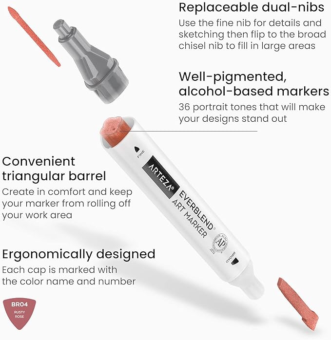 ARTEZA Alcohol Markers – Set of 36 Portrait & Skin Tone EverBlend Dual Tip Markers with Fine and Chisel Nibs and Organizer Box for Drawing