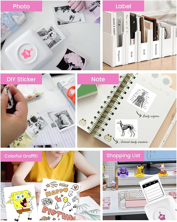 vretti Sticker Printer - TP2-Y Mini Portable Thermal Printer with 10 Rolls Thermal Paper, Inkless Sticker Machine Bluetooth Pocket Printer for iPhone, Study Notes, Pictures, Journal, DIY, Kids Gift