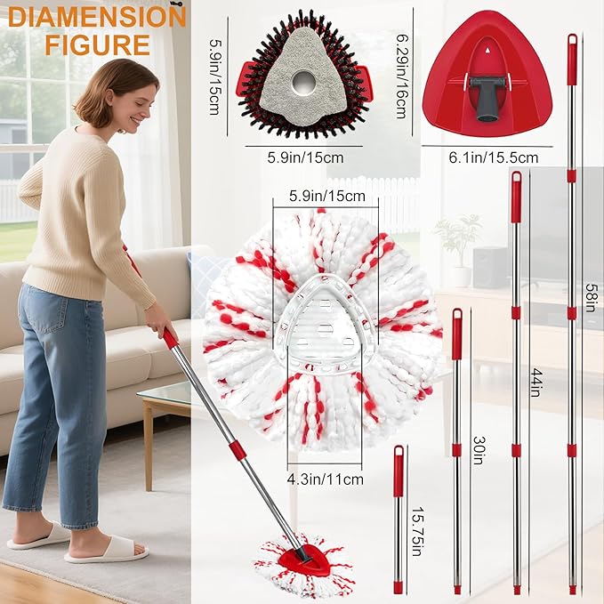 Spin Mop Replacements for O-Cedar EasyWring 1-Tank System: 4 Large Microfiber Mop Head Refills , Dual-Action Scrubber Brush, Adjustable Stainless Steel Handle, Durable Triangular Base