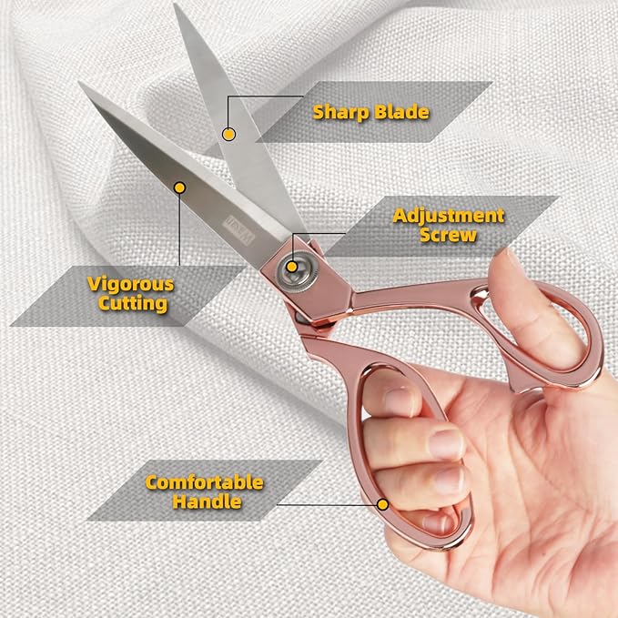 Heavy Duty Sharp Scissors 10.5" - Stainless Steel Rose Gold Fabric Scissors for Ribbon, Sewing, Paper, Leather Cutting - All-Purpose