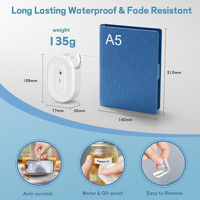 Label Maker Machine with Tape, Portable Bluetooth Label Printer, Wireless Mini Thermal Sticker Printer with Multiple Templates for Home, Kitchen, School Office, Small Business, White