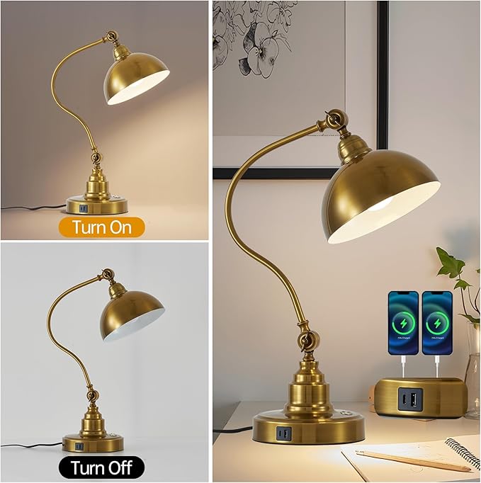 Vintage Gold Desk Lamp Decorative Table Lamp for Home Office Living Room Bedroom Desk Light, Rustic Industrial Farmhouse Antique Library Study Desk Lamp E26 LED Bulb Included