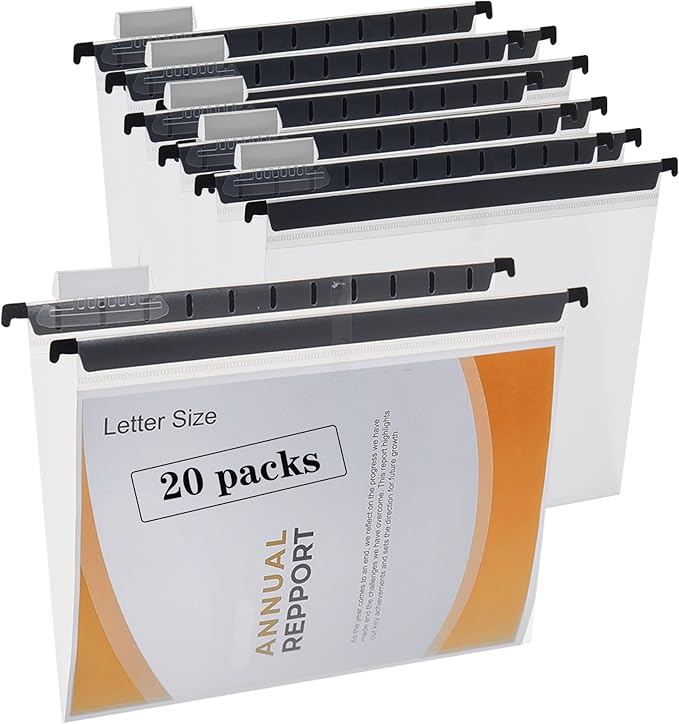 20 Piece Transparent Hanging Folder, Letter Size, with 1/5 Cut Adjustable Label, polyethylene Hanging File Folder 9.5x11 inch, Suitable for Office, Home, School
