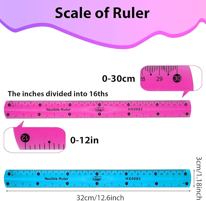 Grevosea 2 PCS Flexible Ruler Bendable Unbreakable Safe Soft Transparent Clear Shatterproof Clear Rulers Straight Flat Plastic Ruler for Home School Classroom Office Kids Adults (Purple, Blue)