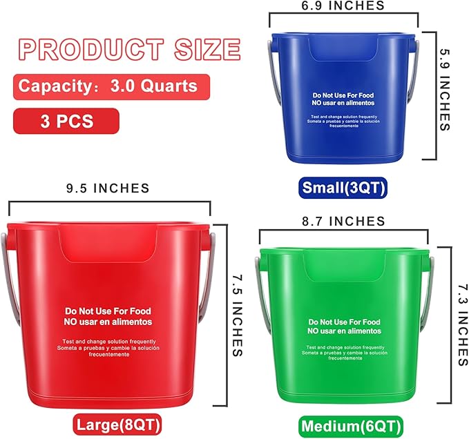LemonRoad 3 Pcs Cleaning Bucket Small Sanitizing Square Bucket Multi-Size 3+6+8 Quart Detergent Pail for Home Commercial Restaurant Kitchen Office School Wash Rinse Sanitize Handwash(Red,Green,Blue)