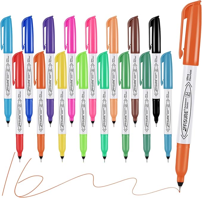 Permanent Markers, Ultra Fine Point Markers Set,16 Assorted Colors Work on Wood, Plastic, Paper, Metal, Stone, Glass for the Artist、Kids、Adult, 16 Count