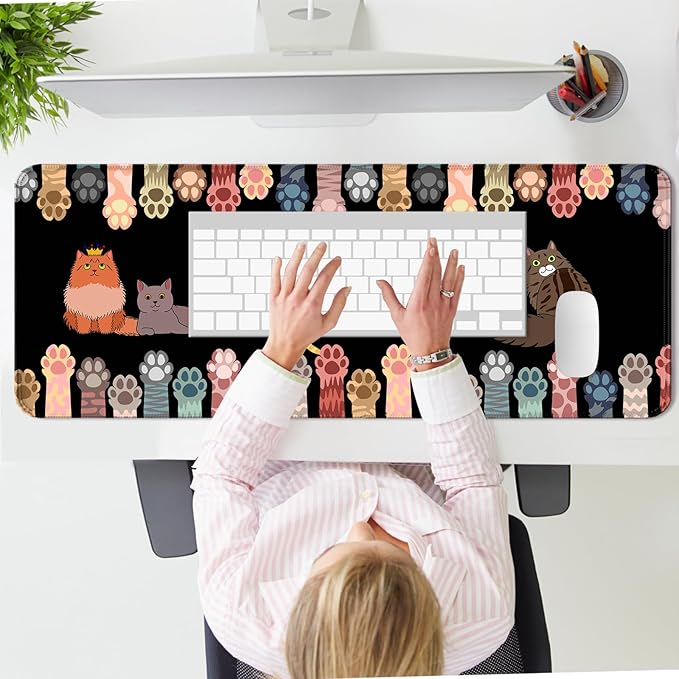 Cute Cat Paw Desk Mat, Extended Kawaii Cat Large Gaming Mouse Pad, Computer Keyboard Laptop Mousepad for Work, Game, Office and Home, XL
