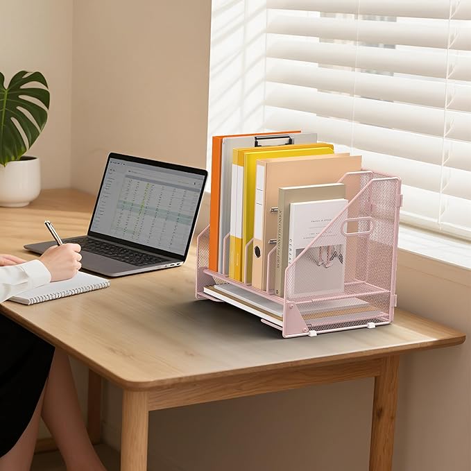 Desk File Folder Holder Organizer-4 Vertical Compartments Racks and Paper Letter Tray,Mesh Magazine File Holder Sorter,Desktop Accessories & Workspace Organizers for Home,Office,School-Pink
