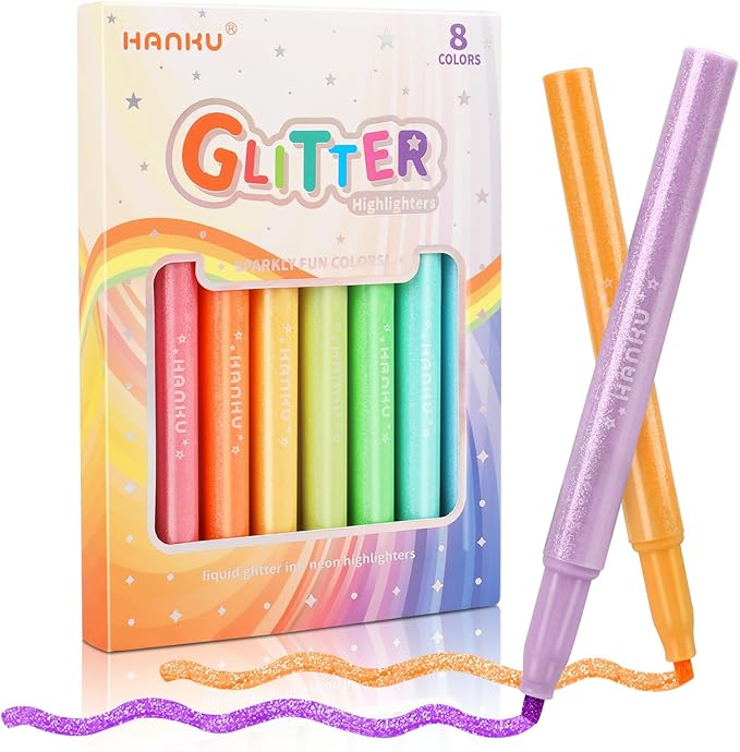 Glitter Highlighters,8Pack Metallic Colors Chisel Tip,Aesthetic Cute Highlighters Assorted Colors for School, Cute Markers for Journaling Planners Books Notes