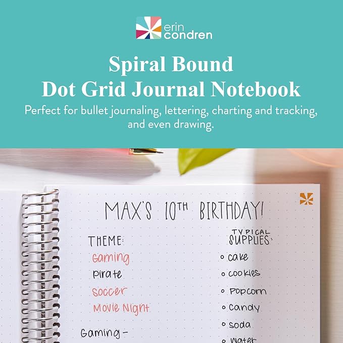 Erin Condren 7” x 9” Dot Grid Spiral Notebook, 5mm Dotted Layout with 80 Lb. Paper, Daisy Blooms Cover, 160 Dot Grid Notebook Pages, Platinum Coil, Stickers Included