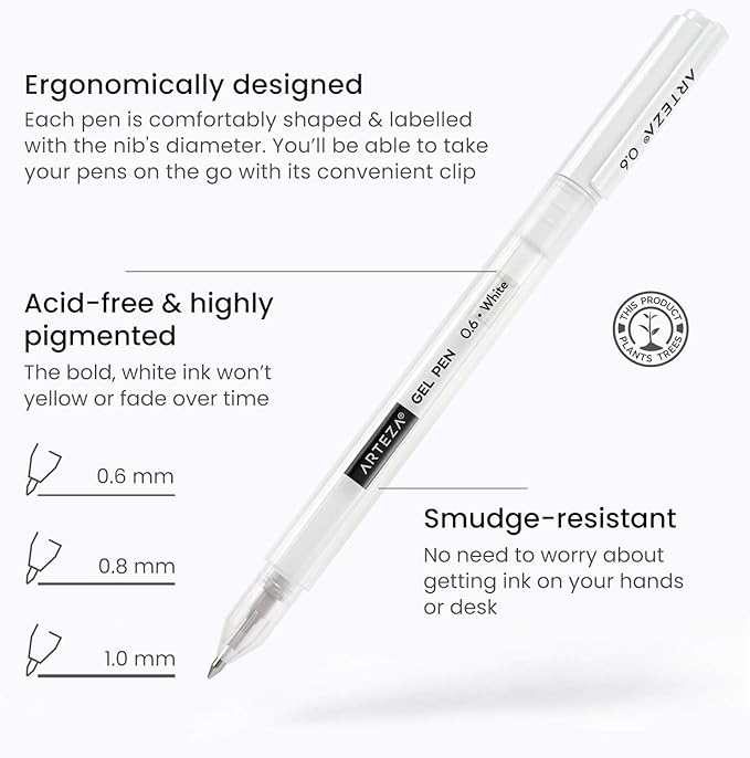 ARTEZA White Gel Pens Set, Pack of 12, White Rollerball Pens for Drawing and Writing, White Gel Pens for Artists