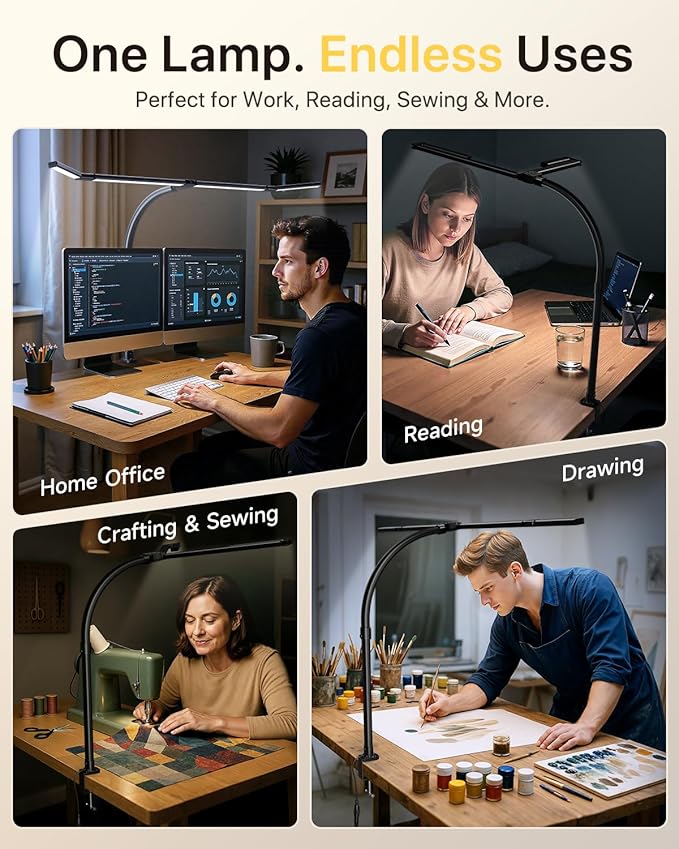 ONEMIX 42" LED Desk Lamp with Clamp, Architect Desk Light with Remote, Adjustable 4-Segment Bar, 1800LM Bright, Eye-Caring Desk Lamp for Home Office, Reading, Study, Dual Monitors, Workbench (Black)