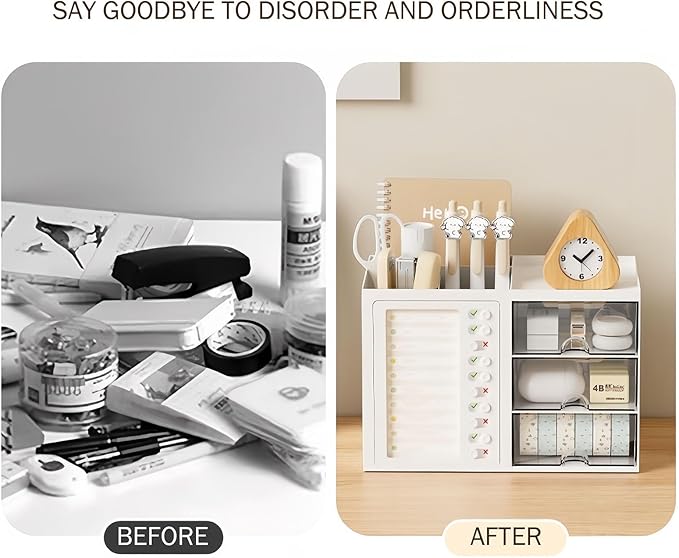 Desk Organizer with Drawer, Stationery Pencil Pen Holder for Desk, Multi-functional Desk Organizers and Accessories, Workspace Organizers for Office School Home Supplies